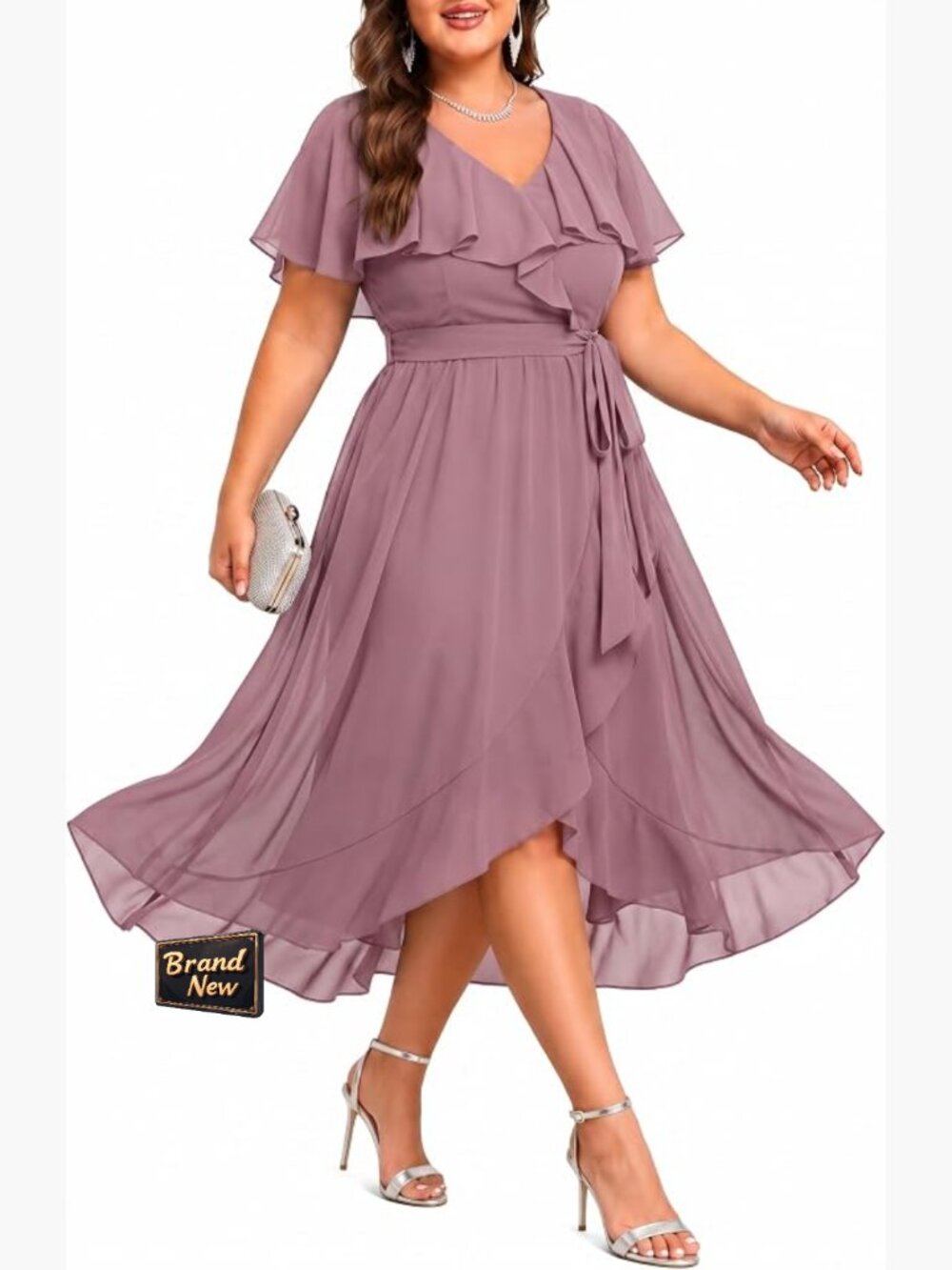 Plus Size High Low Ruffle Mermaid V-Neck Chiffon Semi Formal Dress